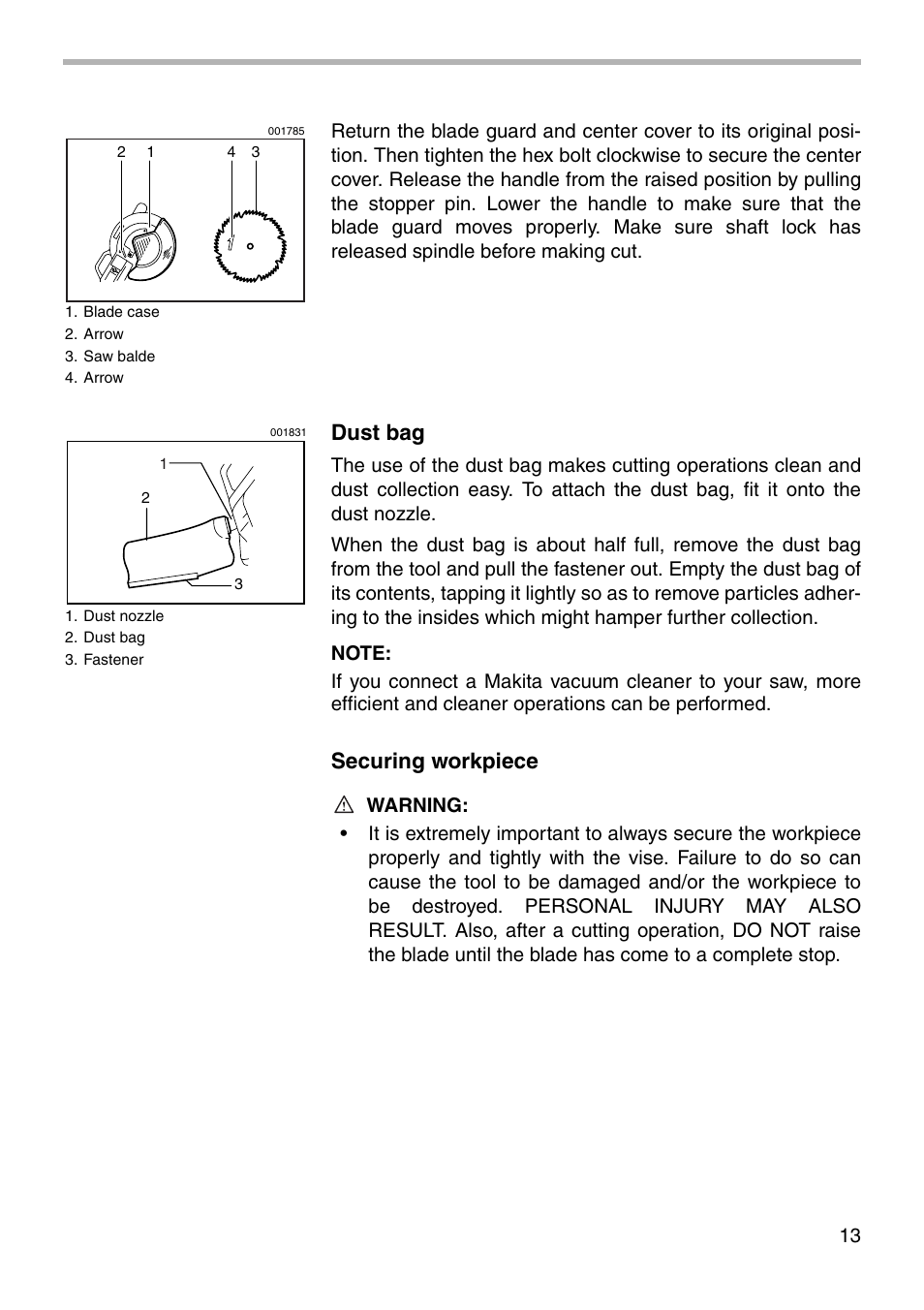 Dust bag, Securing workpiece | Makita LS1221 User Manual | Page 13 / 32