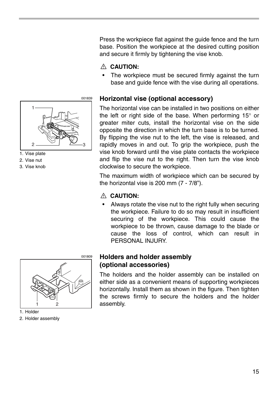 Horizontal vise (optional accessory), Holders and holder assembly (optional accessories) | Makita LS1221 User Manual | Page 15 / 32