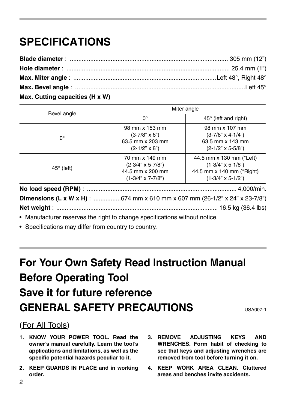 Specifications, For all tools) | Makita LS1221 User Manual | Page 2 / 32