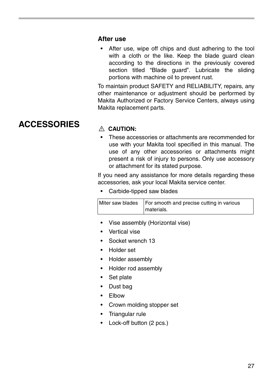 Accessories | Makita LS1221 User Manual | Page 27 / 32