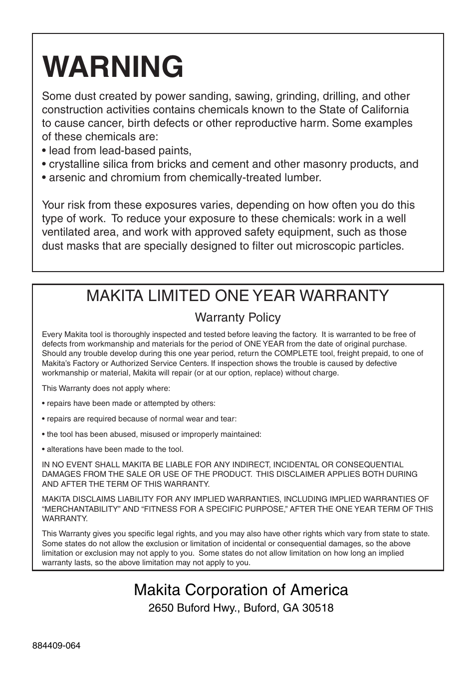 Warning, Makita limited one year warranty, Makita corporation of america | Makita LS1221 User Manual | Page 32 / 32