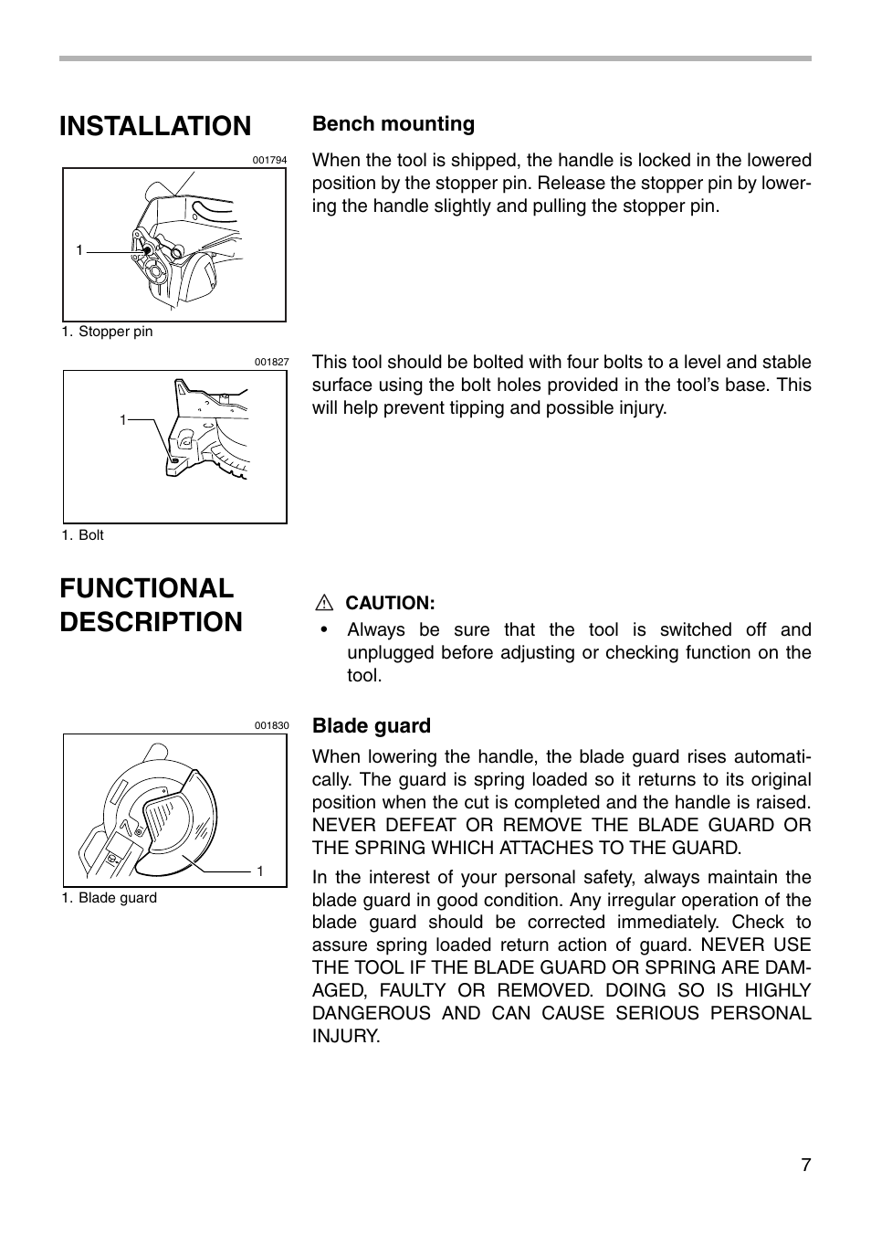 Installation, Functional description, Bench mounting | Blade guard | Makita LS1221 User Manual | Page 7 / 32