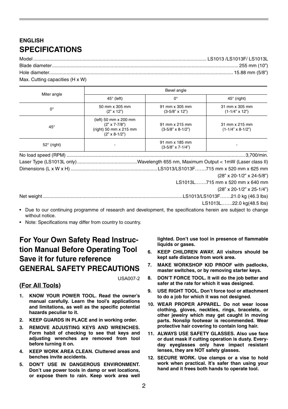 Specifications, For all tools) | Makita LS1013 User Manual | Page 2 / 72