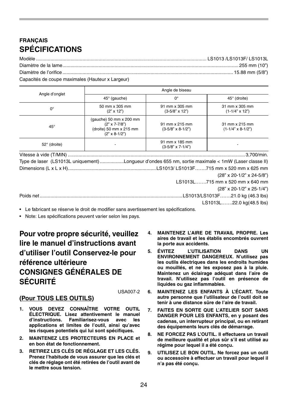 Spécifications, Pour tous les outils) | Makita LS1013 User Manual | Page 24 / 72