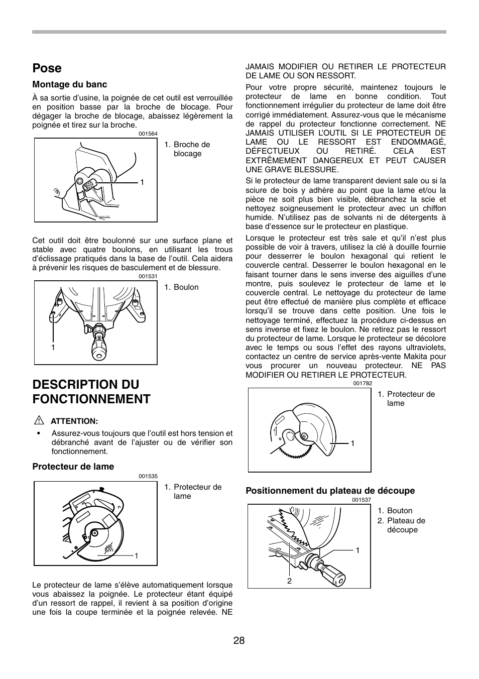 Pose, Description du fonctionnement | Makita LS1013 User Manual | Page 28 / 72