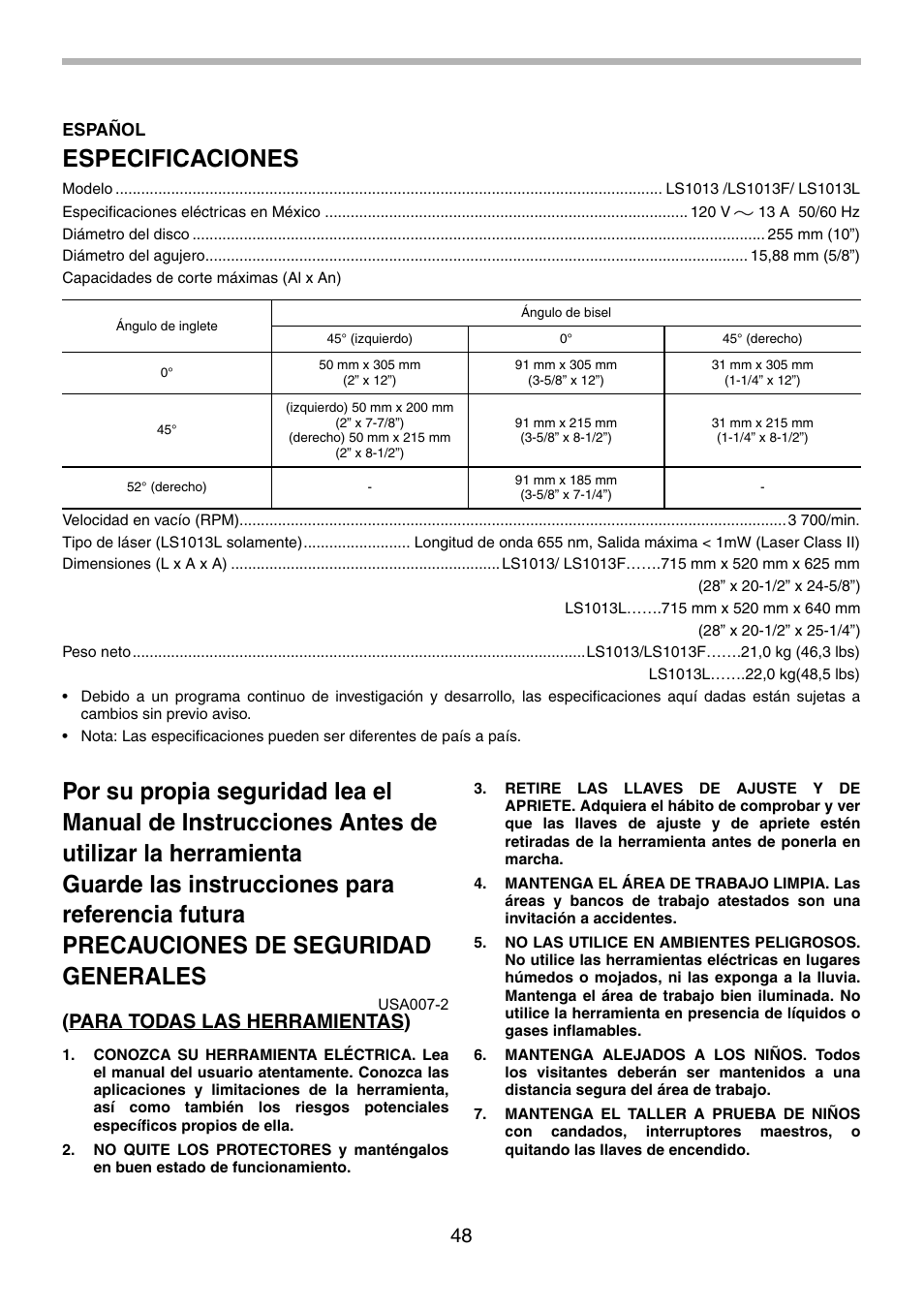 Especificaciones, Para todas las herramientas) | Makita LS1013 User Manual | Page 48 / 72
