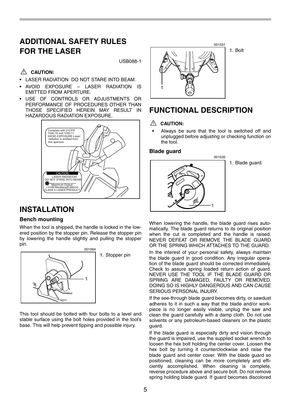 Additional safety rules for the laser, Installation, Functional description | Bench mounting, Blade guard | Makita LS1013 User Manual | Page 5 / 72