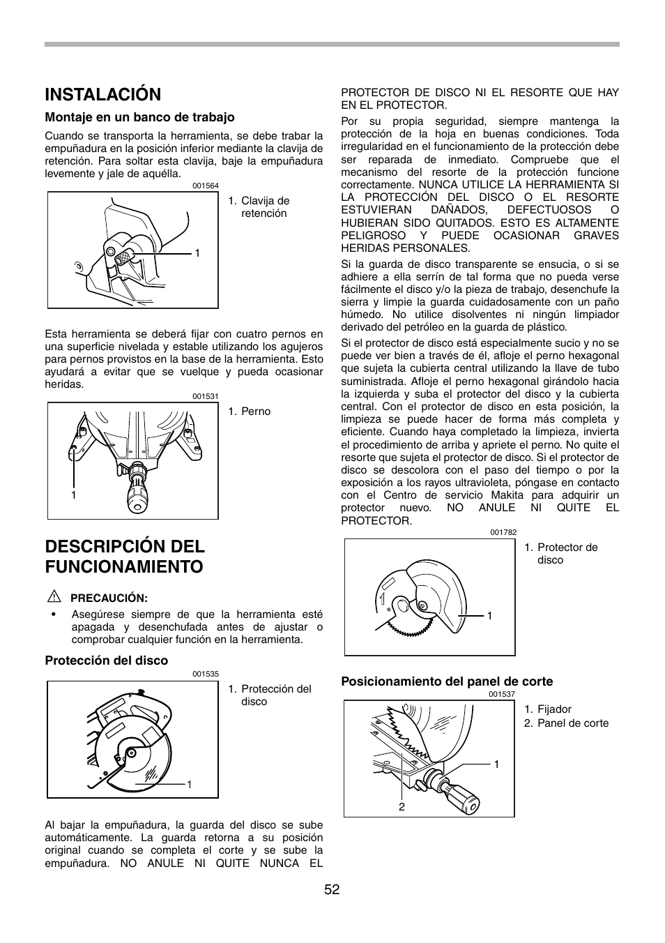 Instalación, Descripción del funcionamiento | Makita LS1013 User Manual | Page 52 / 72