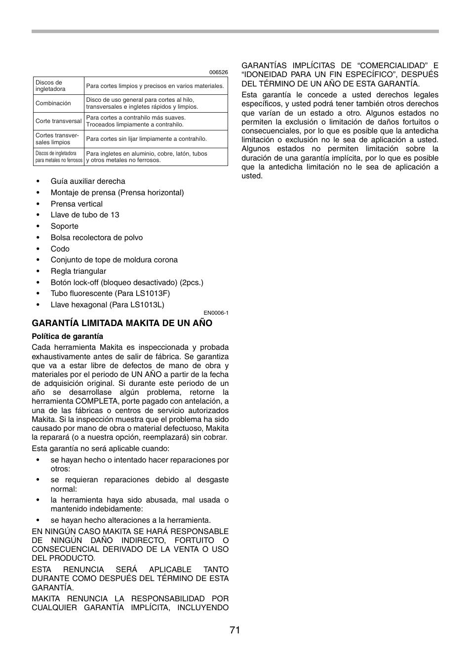 Garantía limitada makita de un año | Makita LS1013 User Manual | Page 71 / 72