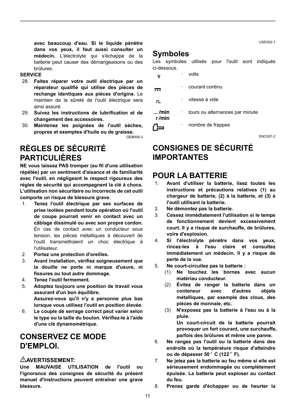 Règles de sécurité particulières, Conservez ce mode d'emploi, Symboles | Consignes de sécurité importantes, Pour la batterie | Makita BTL063 User Manual | Page 11 / 28
