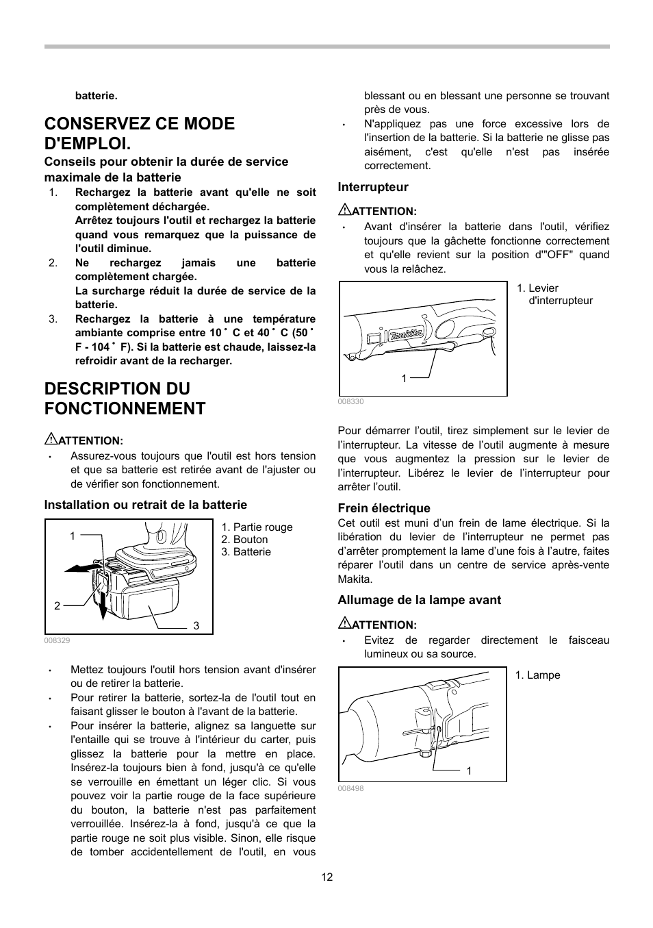 Conservez ce mode d'emploi, Description du fonctionnement | Makita BTL063 User Manual | Page 12 / 28