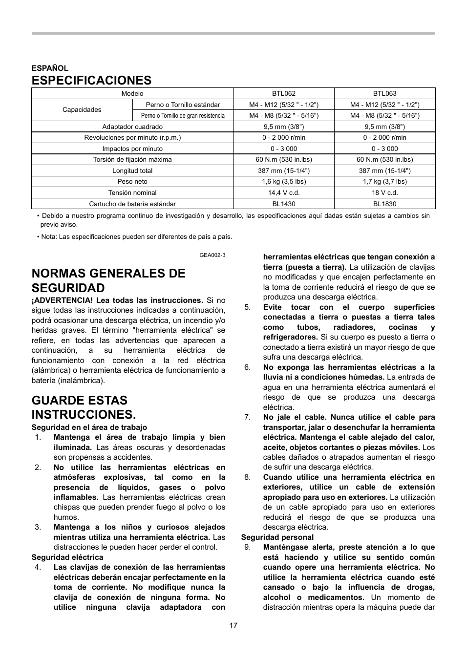 Especificaciones, Normas generales de seguridad, Guarde estas instrucciones | Makita BTL063 User Manual | Page 17 / 28