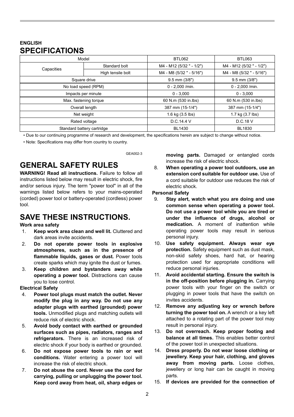 Specifications, General safety rules, Save these instructions | Makita BTL063 User Manual | Page 2 / 28