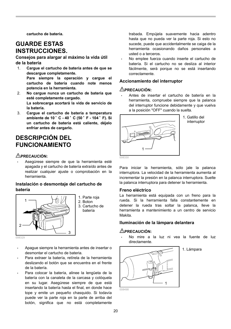 Guarde estas instrucciones, Descripción del funcionamiento | Makita BTL063 User Manual | Page 20 / 28