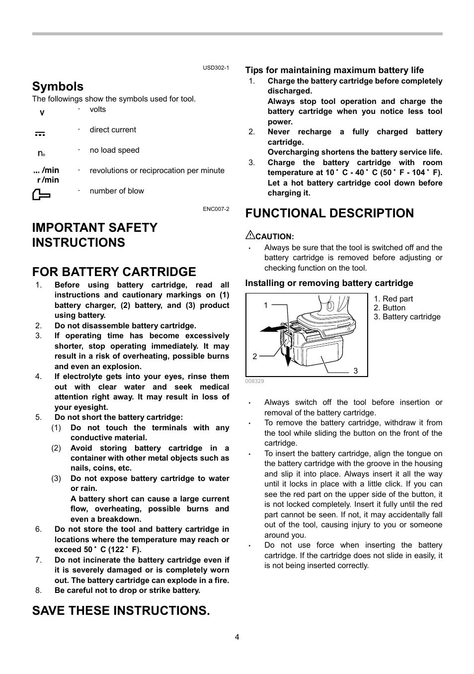 Symbols, Important safety instructions, For battery cartridge | Save these instructions, Functional description | Makita BTL063 User Manual | Page 4 / 28