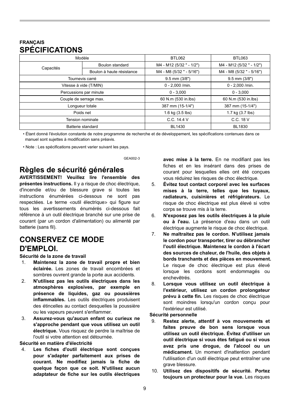 Spécifications, Règles de sécurité générales, Conservez ce mode d'emploi | Makita BTL063 User Manual | Page 9 / 28