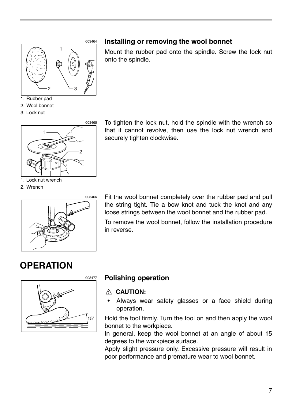 Operation, Installing or removing the wool bonnet, Polishing operation | Makita 9218PB User Manual | Page 7 / 12