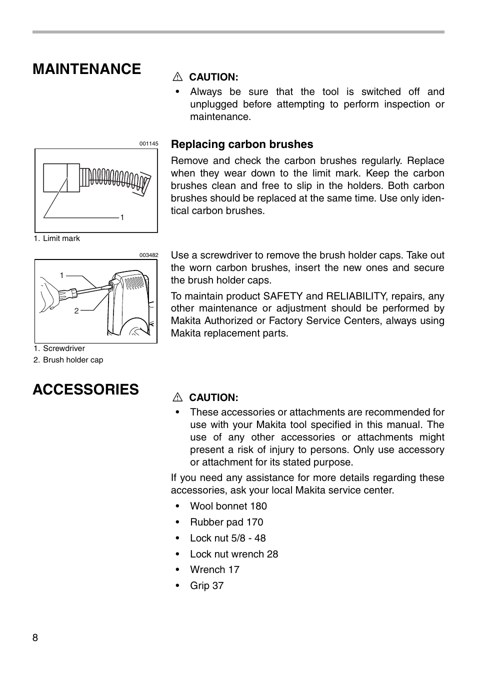 Maintenance, Accessories | Makita 9218PB User Manual | Page 8 / 12