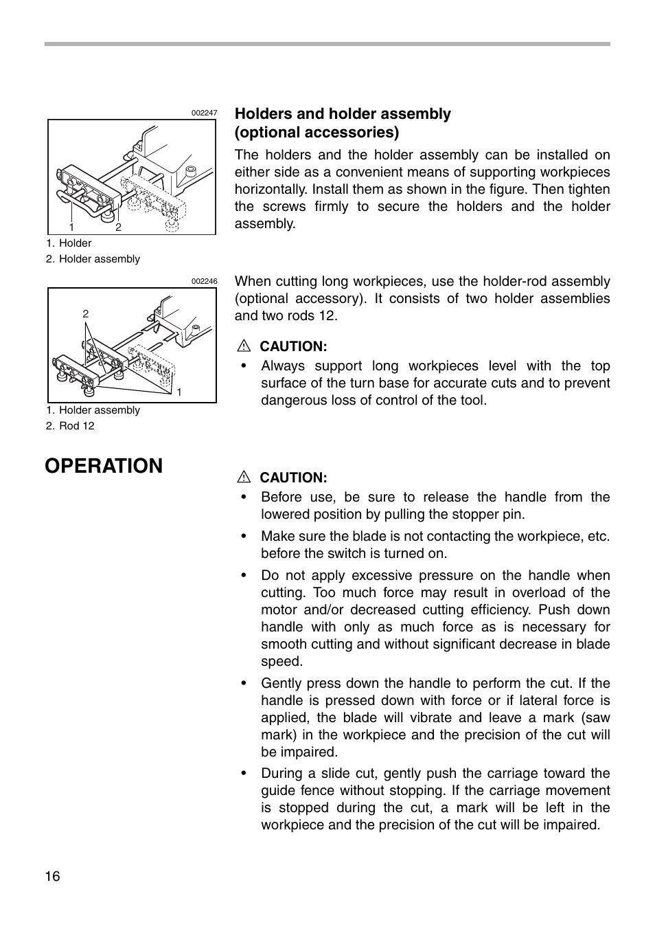 Operation, Holders and holder assembly (optional accessories) | Makita LS0711Z User Manual | Page 16 / 32