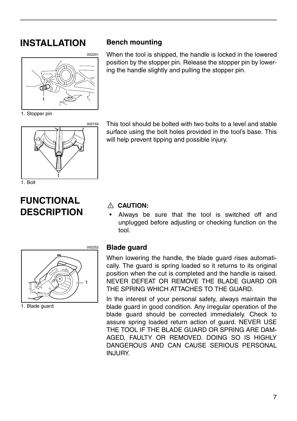 Installation, Functional description, Bench mounting | Blade guard | Makita LS0711Z User Manual | Page 7 / 32