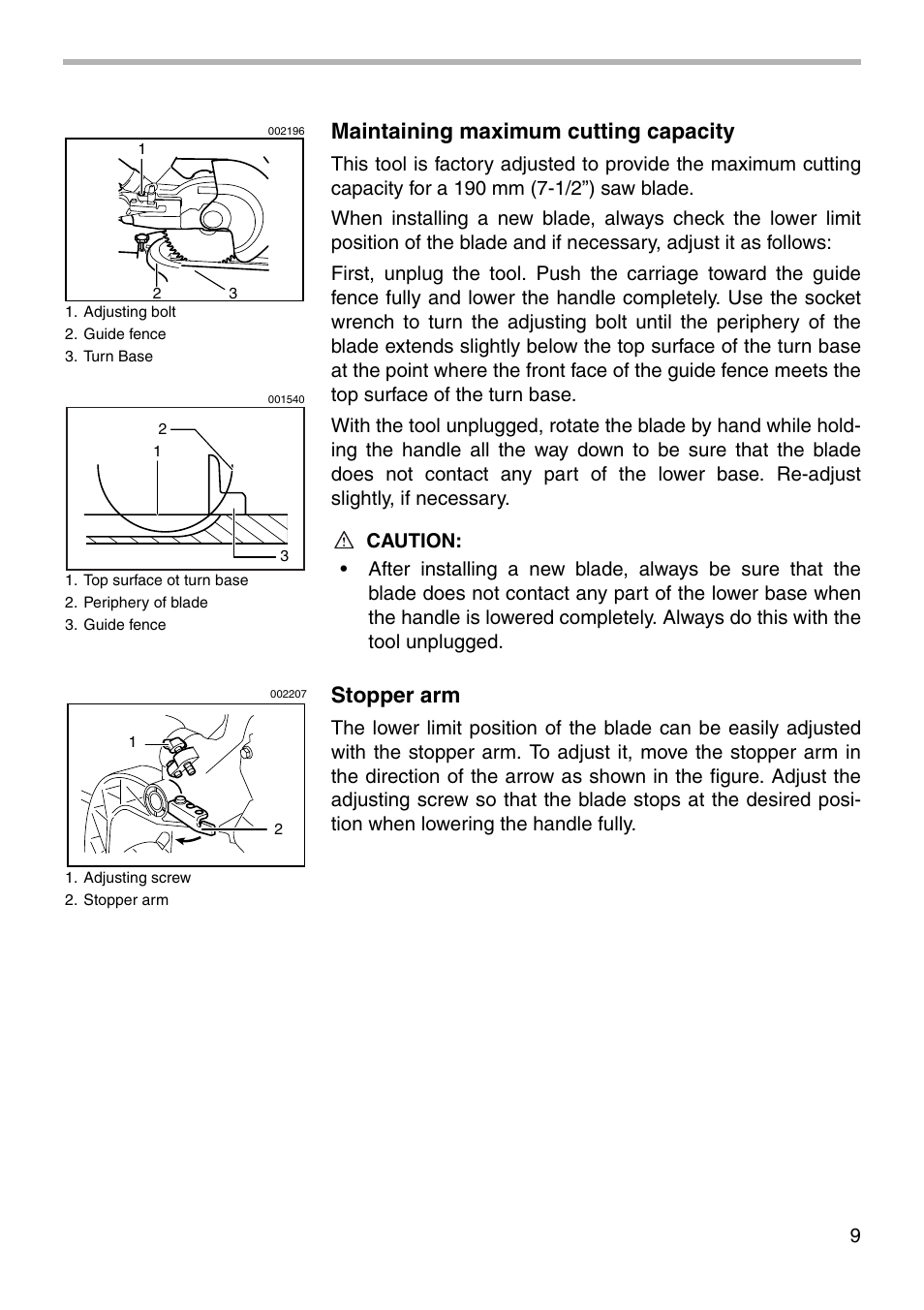 Maintaining maximum cutting capacity, Stopper arm | Makita LS0711Z User Manual | Page 9 / 32