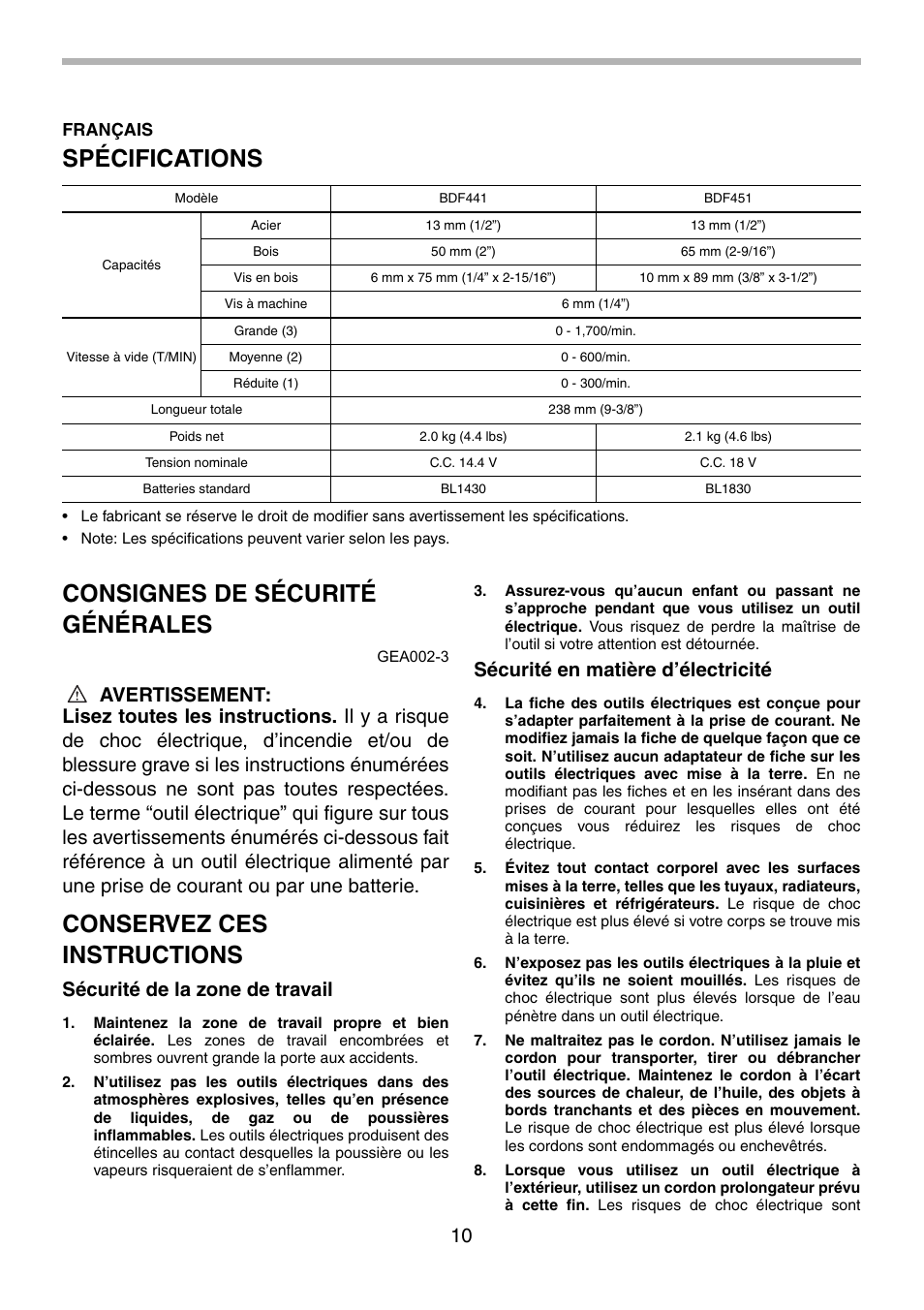 Spécifications, Consignes de sécurité générales, Conservez ces instructions | Sécurité de la zone de travail, Sécurité en matière d’électricité | Makita BDF441 User Manual | Page 10 / 28