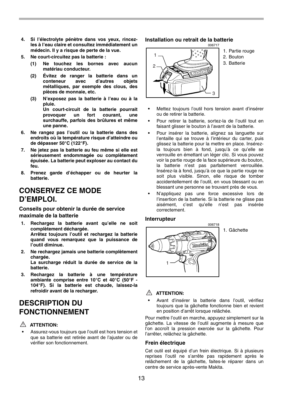 Conservez ce mode d’emploi, Description du fonctionnement | Makita BDF441 User Manual | Page 13 / 28