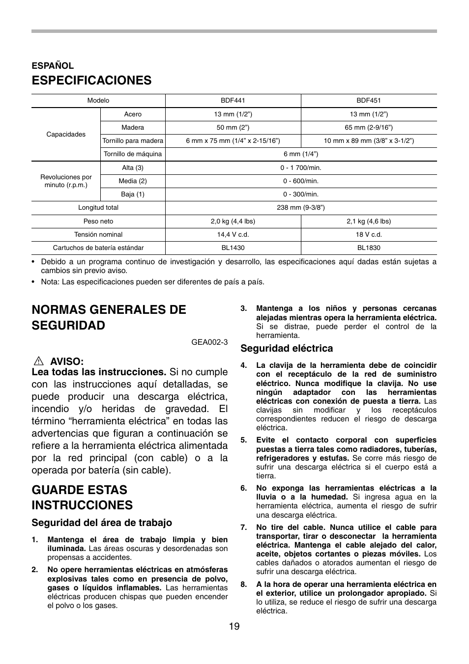 Especificaciones, Normas generales de seguridad, Guarde estas instrucciones | Seguridad del área de trabajo, Seguridad eléctrica | Makita BDF441 User Manual | Page 19 / 28