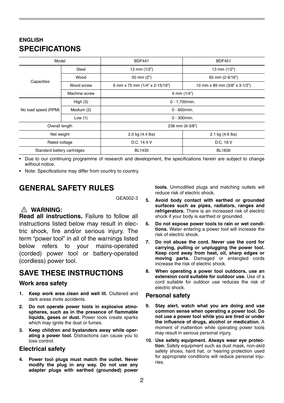 Specifications, General safety rules, Save these instructions | Work area safety, Electrical safety, Personal safety | Makita BDF441 User Manual | Page 2 / 28