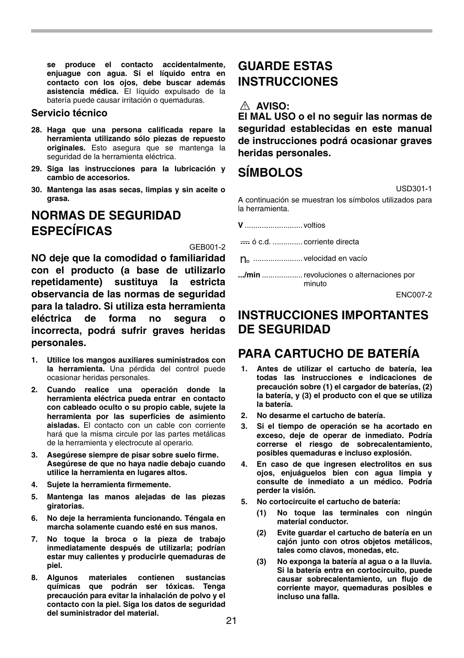 Normas de seguridad específicas, Guarde estas instrucciones, Símbolos | Servicio técnico | Makita BDF441 User Manual | Page 21 / 28