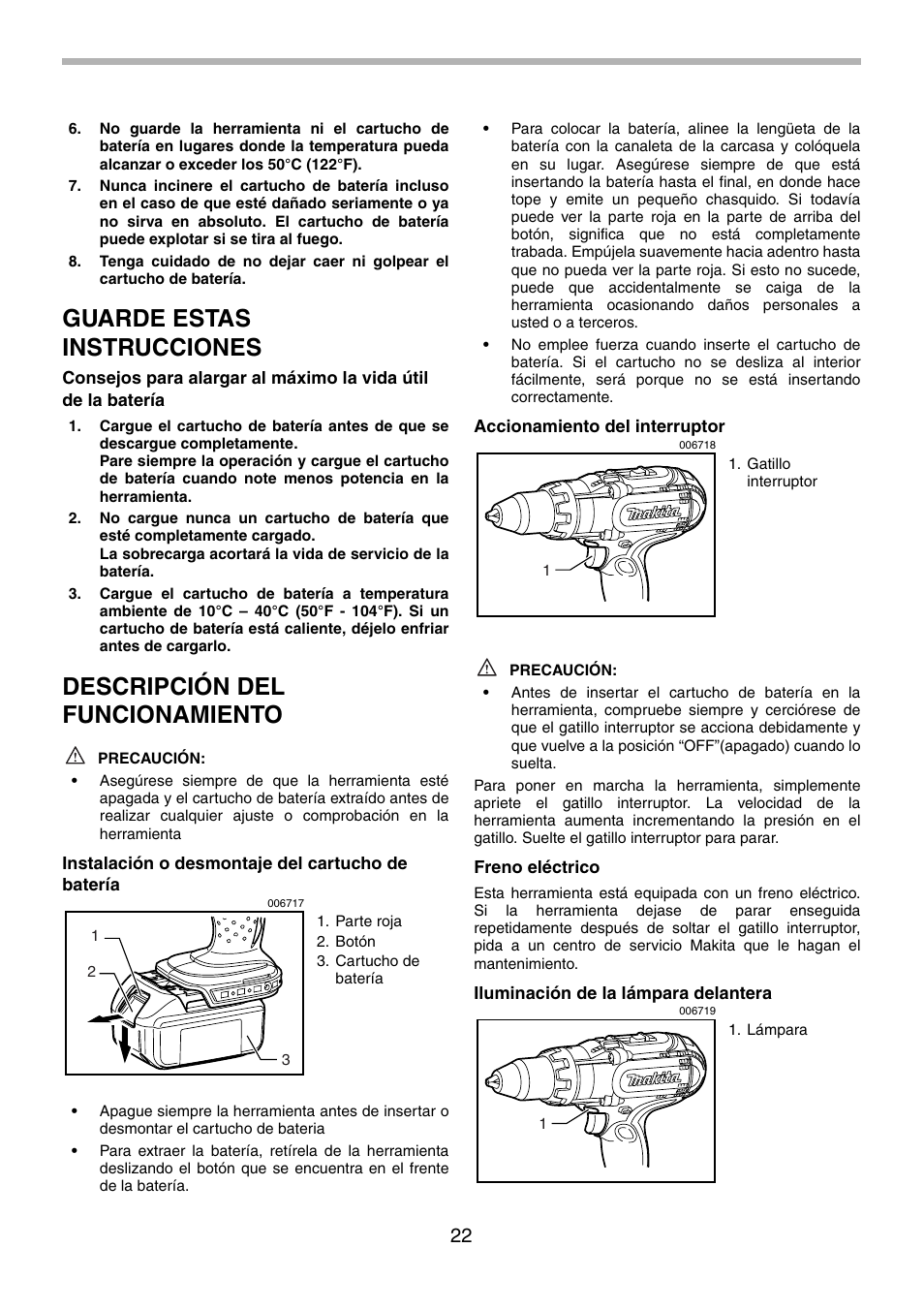 Guarde estas instrucciones, Descripción del funcionamiento | Makita BDF441 User Manual | Page 22 / 28