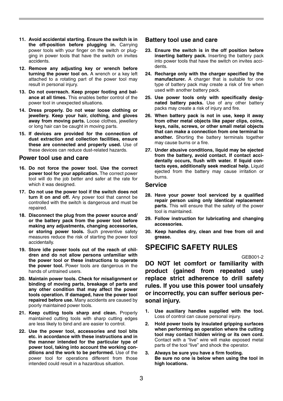 Specific safety rules, Power tool use and care, Battery tool use and care | Service | Makita BDF441 User Manual | Page 3 / 28