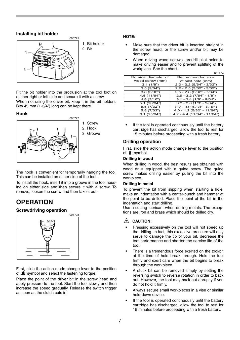 Operation, Installing bit holder, Hook | Screwdriving operation, Drilling operation | Makita BDF441 User Manual | Page 7 / 28