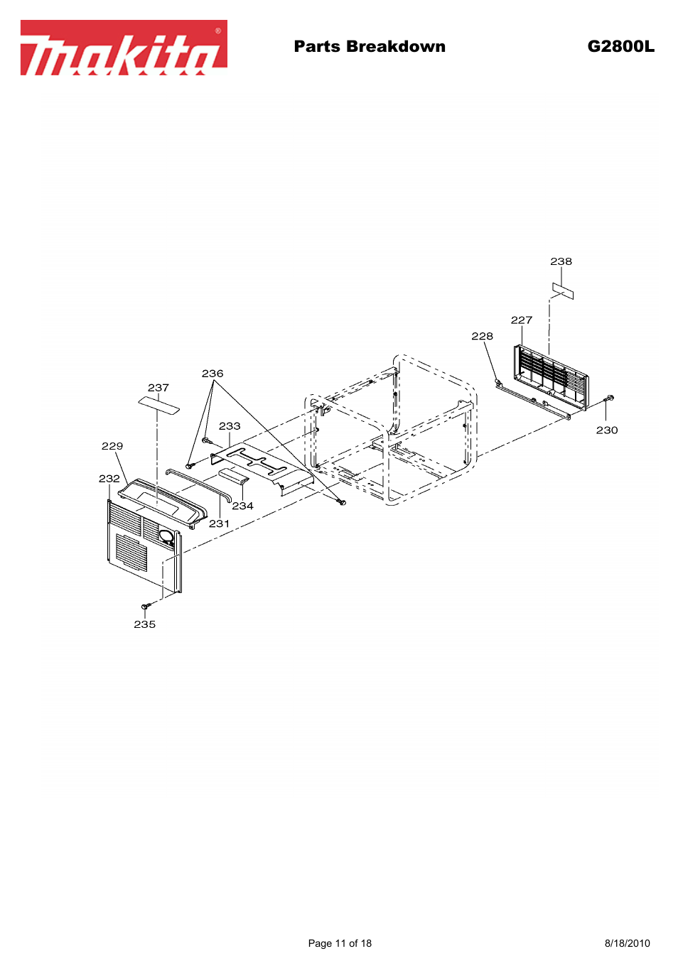 Parts breakdown g2800l | Makita EX Series G2800L User Manual | Page 11 / 18