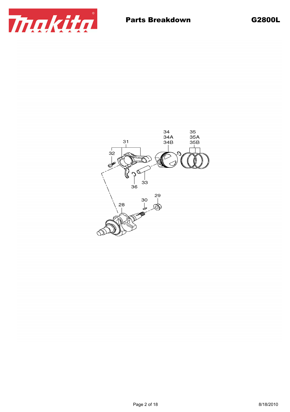 Parts breakdown g2800l | Makita EX Series G2800L User Manual | Page 2 / 18