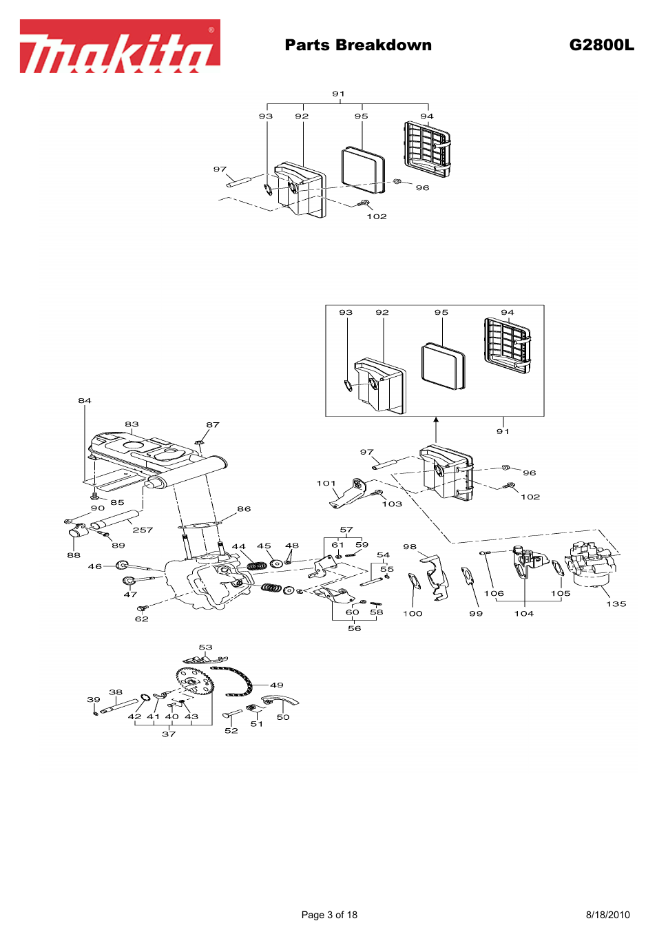 Parts breakdown g2800l | Makita EX Series G2800L User Manual | Page 3 / 18