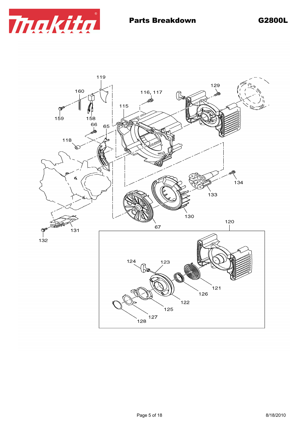 Parts breakdown g2800l | Makita EX Series G2800L User Manual | Page 5 / 18