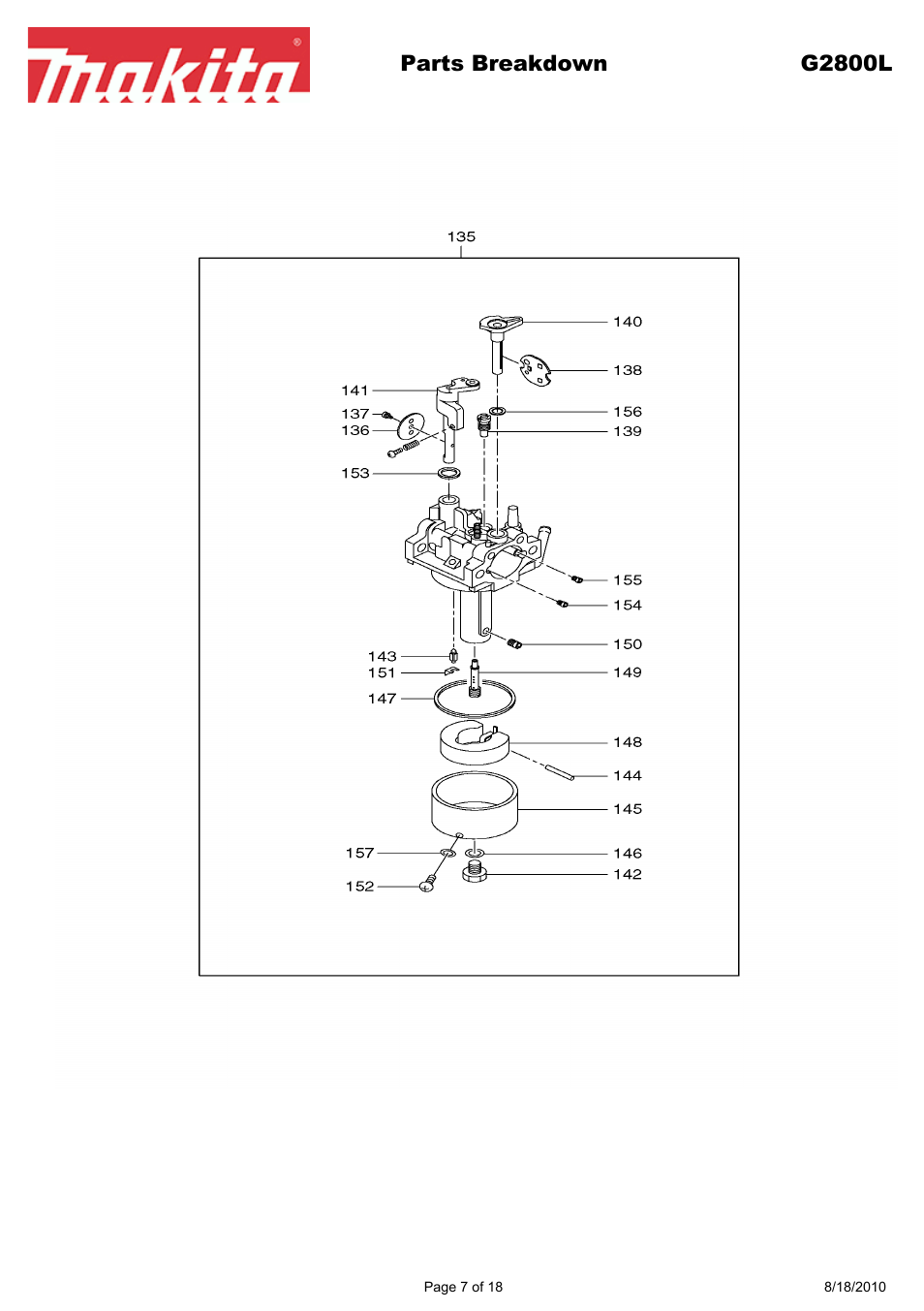 Parts breakdown g2800l | Makita EX Series G2800L User Manual | Page 7 / 18