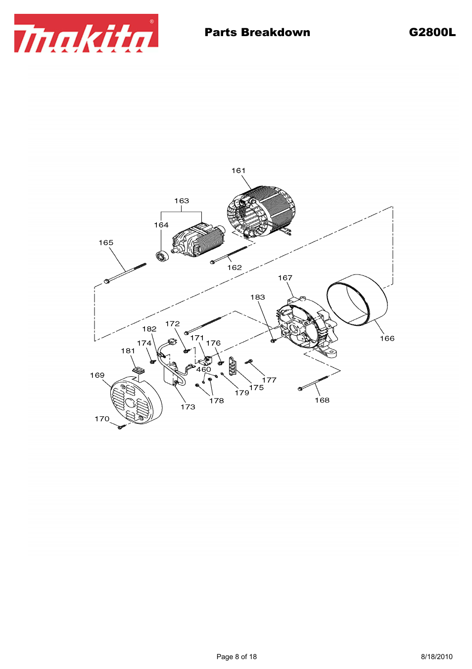 Parts breakdown g2800l | Makita EX Series G2800L User Manual | Page 8 / 18