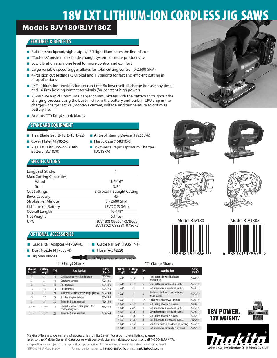 18v lxt lithium-ion cordless jig saws, Features & benefits, Optional accessories | Model bjv180, Model bjv180z | Makita BJV180Z User Manual | Page 2 / 2