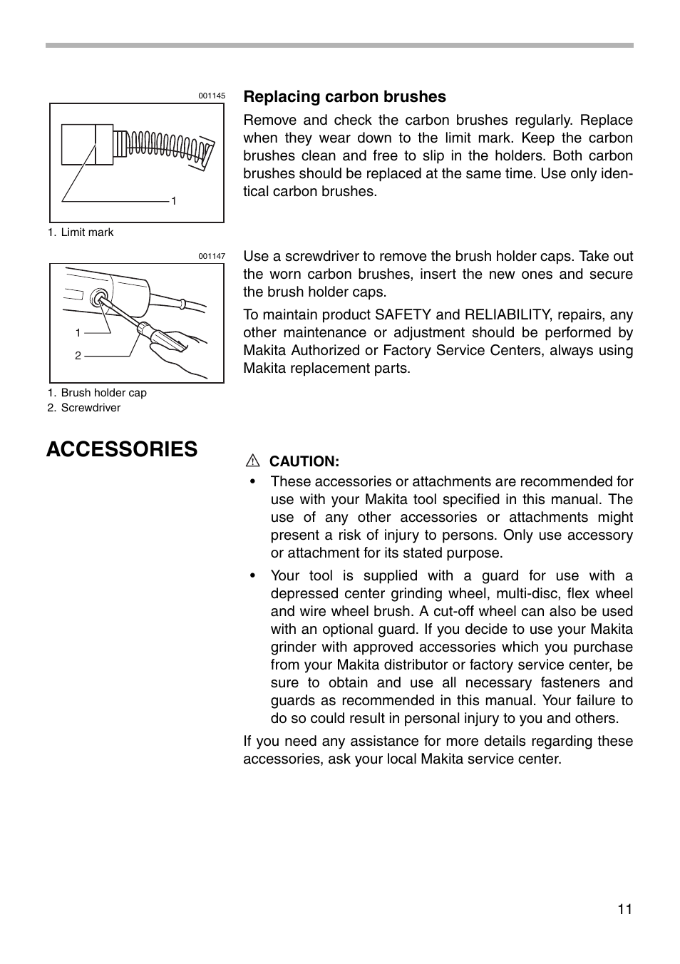 Accessories, Replacing carbon brushes | Makita 9523NBH User Manual | Page 11 / 16