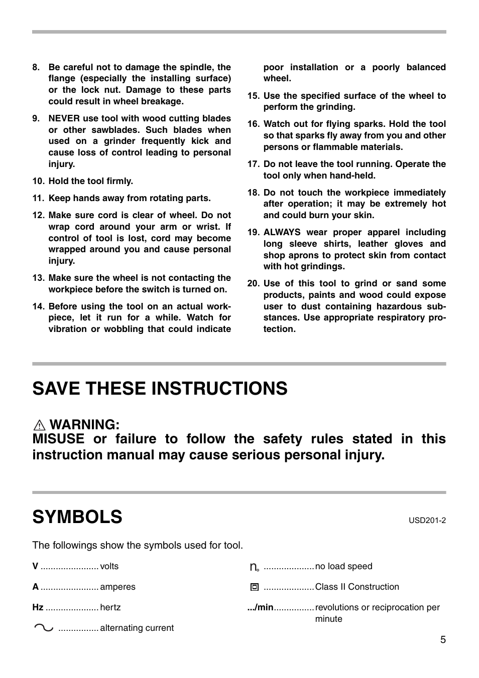 Save these instructions, Symbols | Makita 9523NBH User Manual | Page 5 / 16