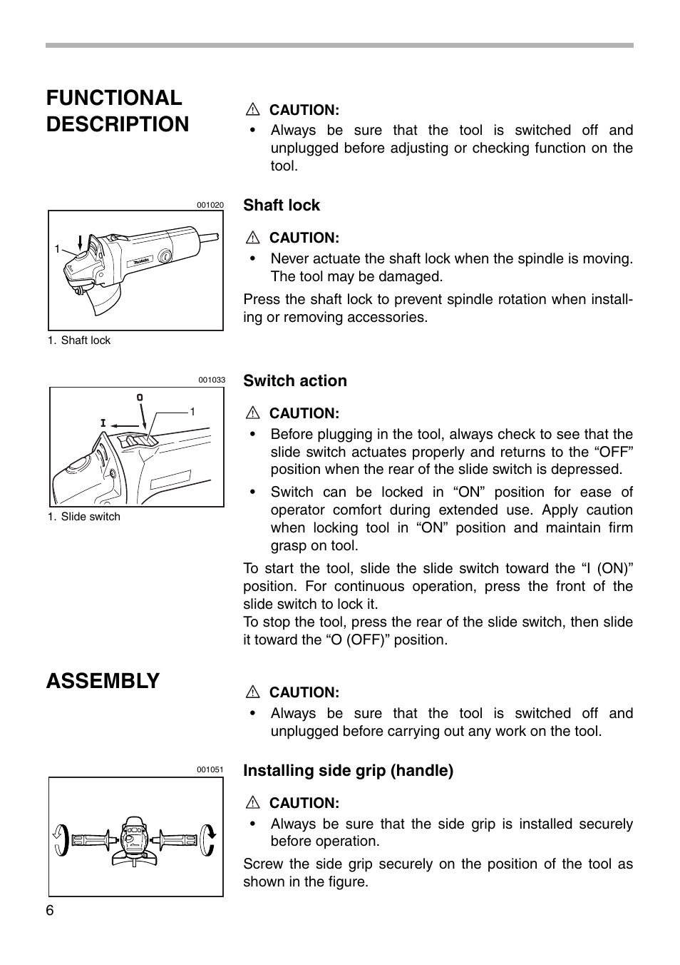 Functional description, Assembly | Makita 9523NBH User Manual | Page 6 / 16