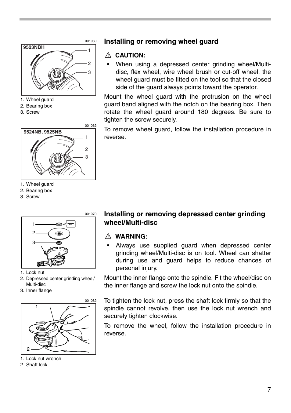 Installing or removing wheel guard | Makita 9523NBH User Manual | Page 7 / 16