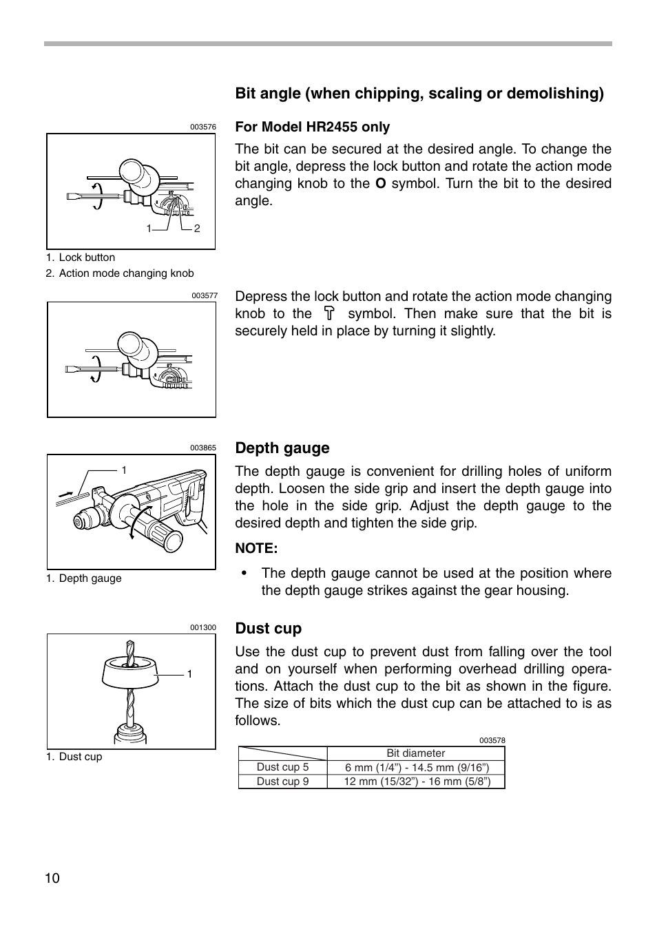 Bit angle (when chipping, scaling or demolishing), Depth gauge, Dust cup | Makita HR2455 User Manual | Page 10 / 20
