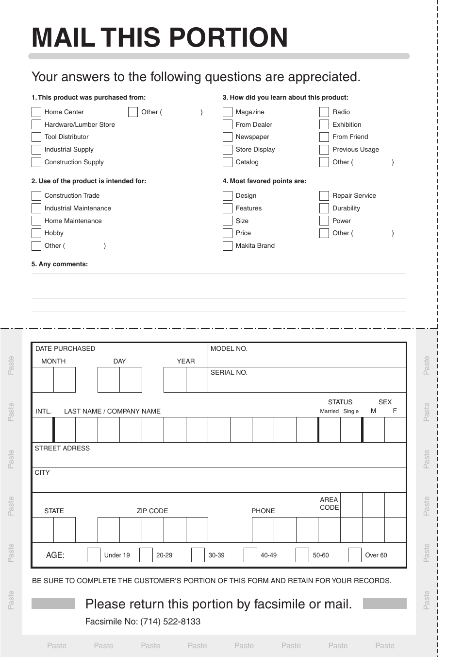 Mail this portion, Please return this portion by facsimile or mail | Makita HR2455 User Manual | Page 18 / 20