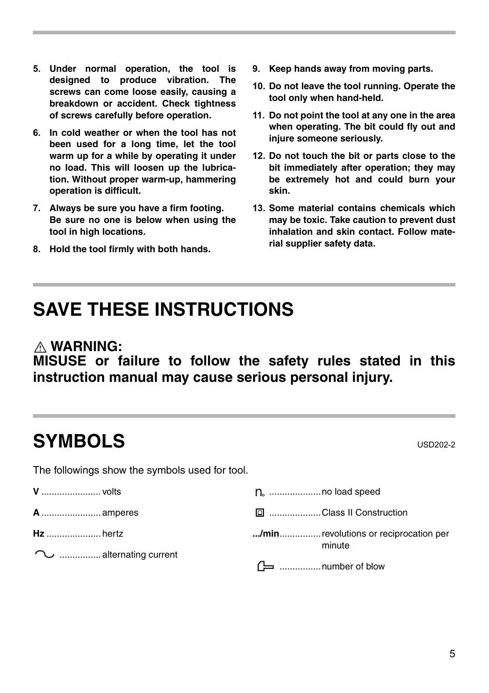 Save these instructions, Symbols | Makita HR2455 User Manual | Page 5 / 20