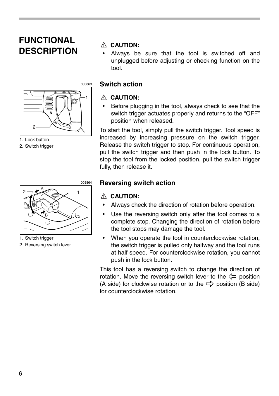 Functional description, Switch action, Reversing switch action | Makita HR2455 User Manual | Page 6 / 20