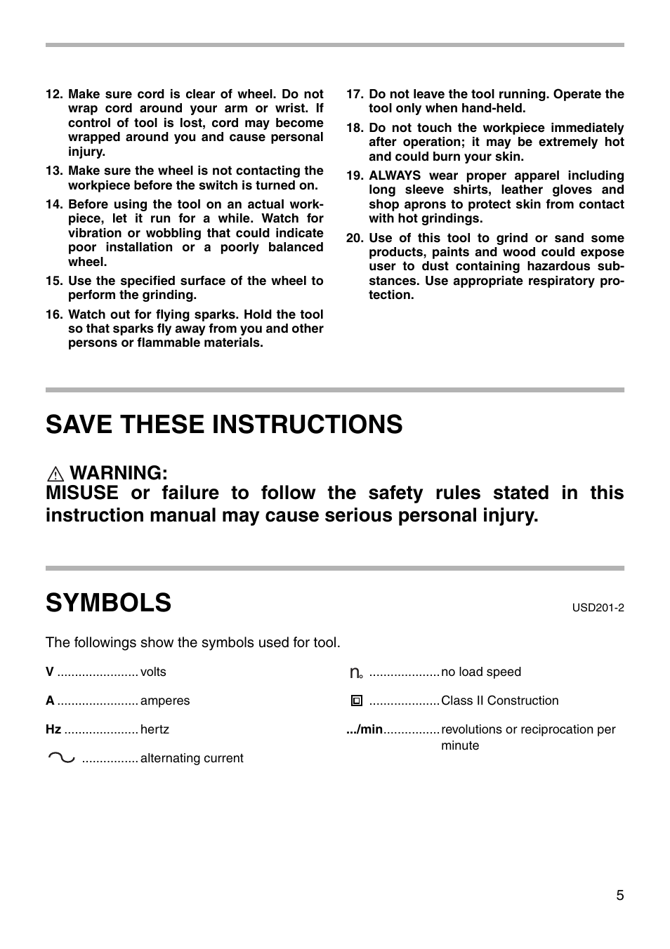Save these instructions, Symbols | Makita 9566CV 004051 User Manual | Page 5 / 20