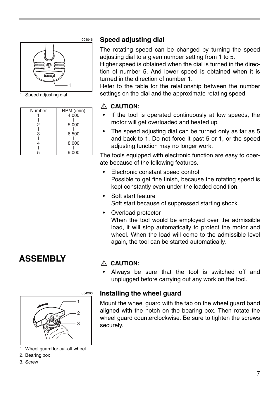 Assembly, Speed adjusting dial, Installing the wheel guard | Makita 9566CV 004051 User Manual | Page 7 / 20